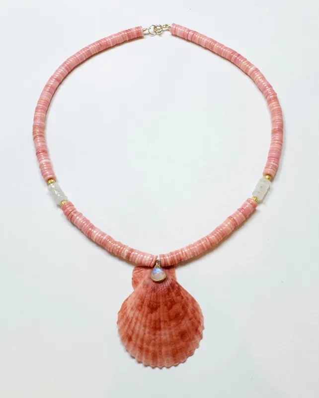 conch and moonstone necklace with shell pendant sold by Theodosia