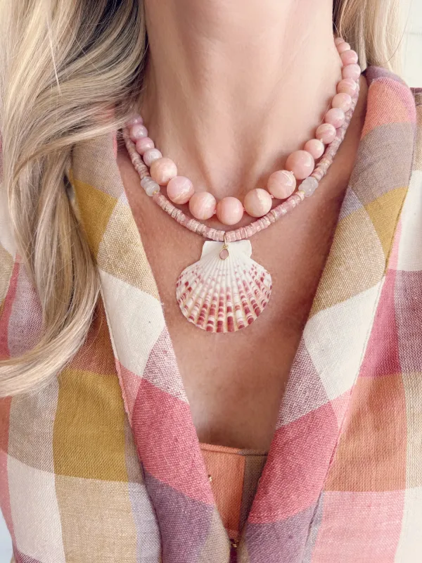 pink opal necklace with shell pendant sold by Theodosia
