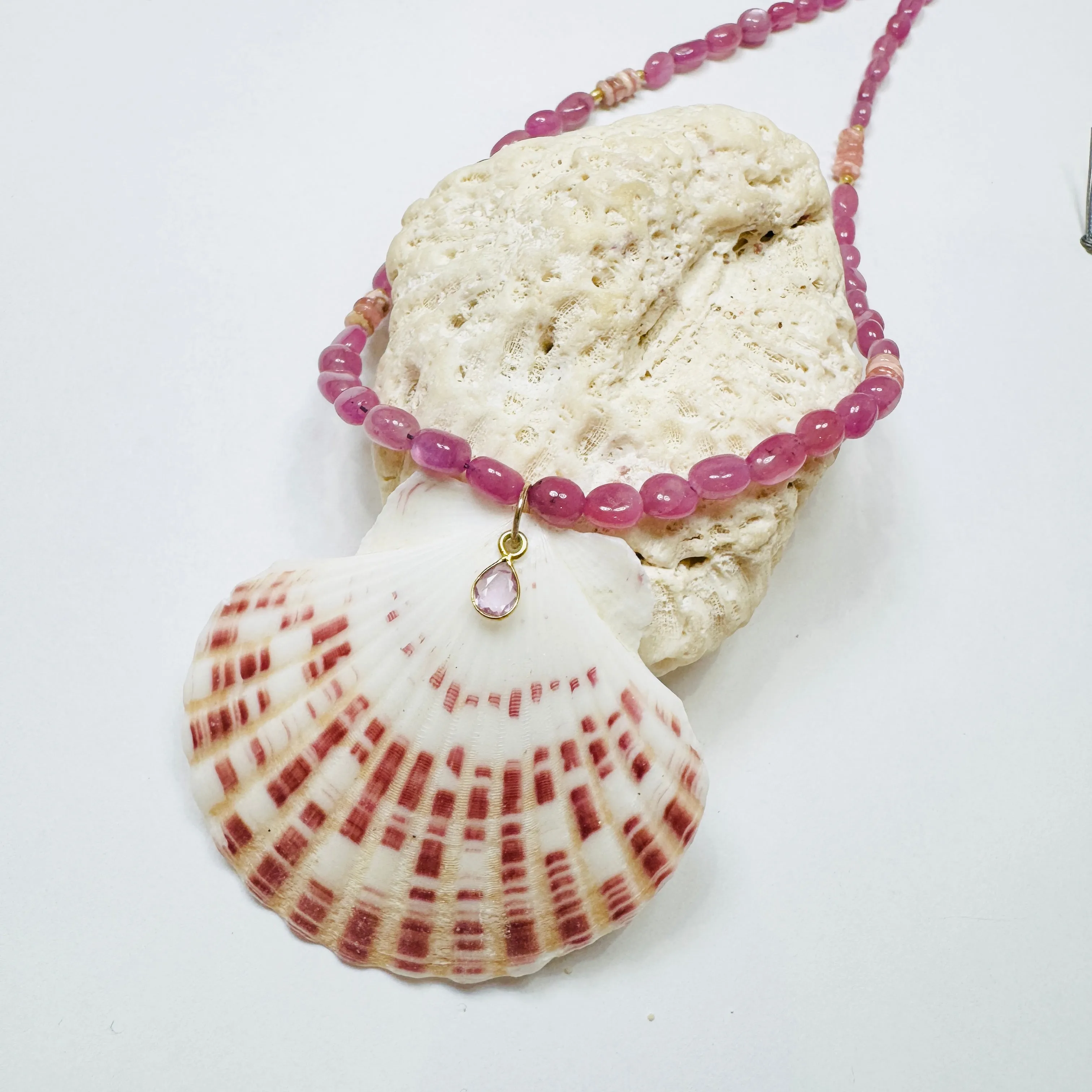 pink sapphire and rhodochrosite necklace with shell pendant sold by Theodosia product image thumbnail 2