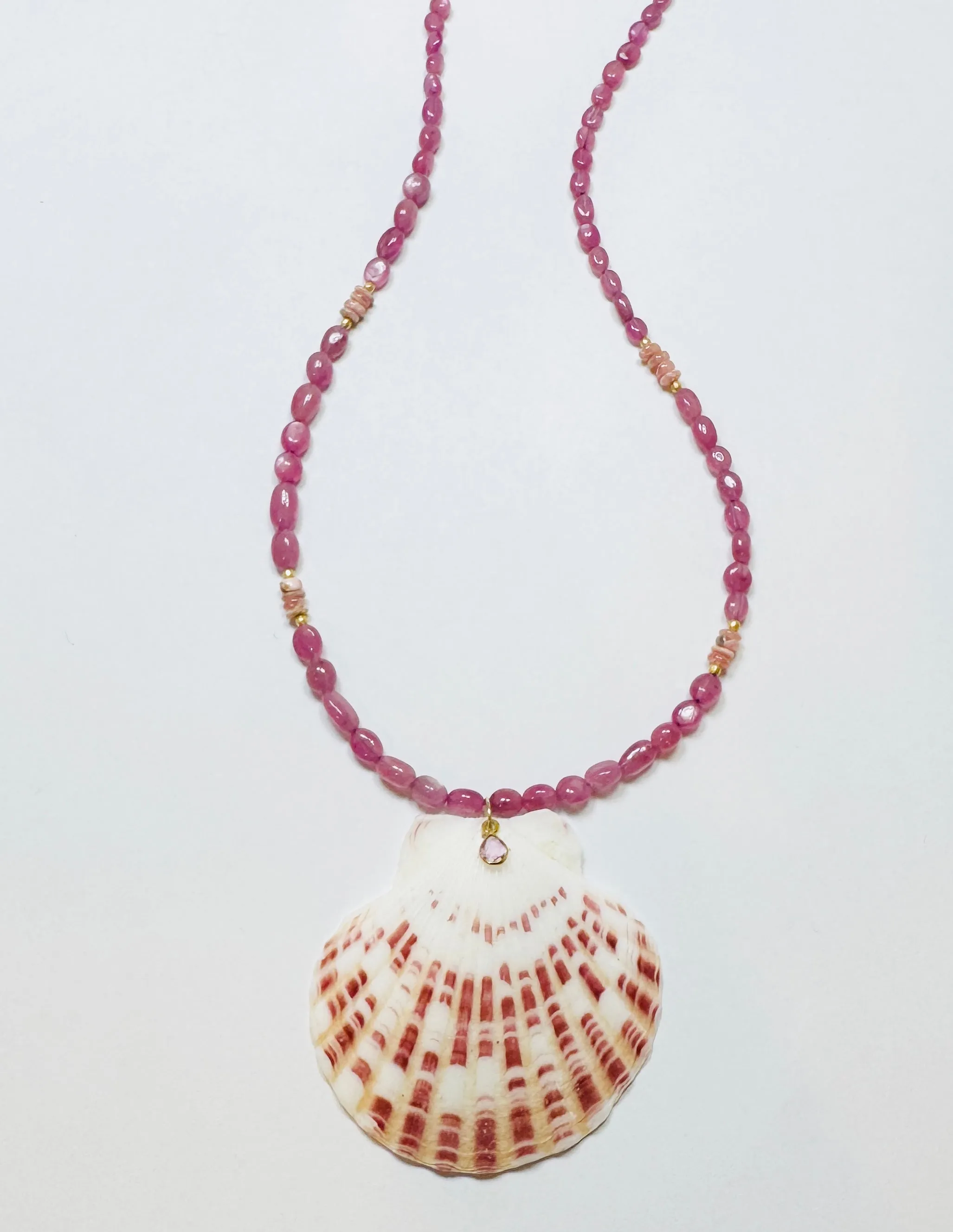 pink sapphire and rhodochrosite necklace with shell pendant sold by Theodosia