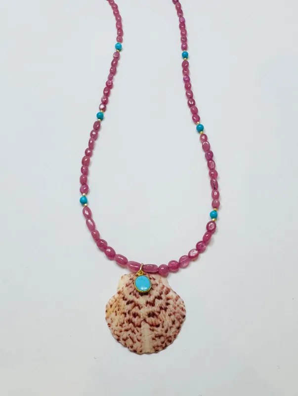 pink sapphire and kingsman turquoise necklace with shell pendant, 17 inches sold by Theodosia