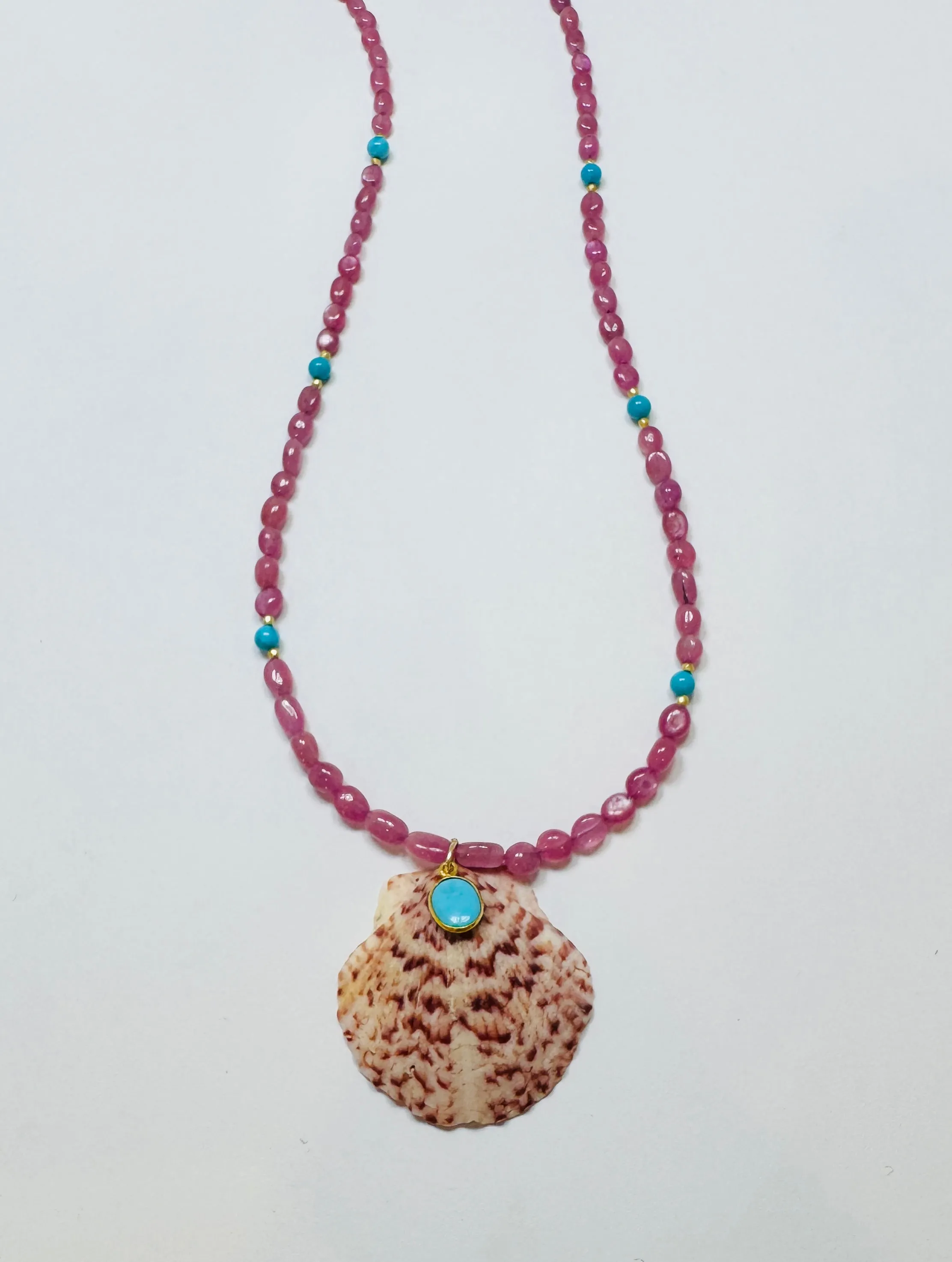 pink sapphire and kingsman turquoise necklace with shell pendant, 17 inches sold by Theodosia
