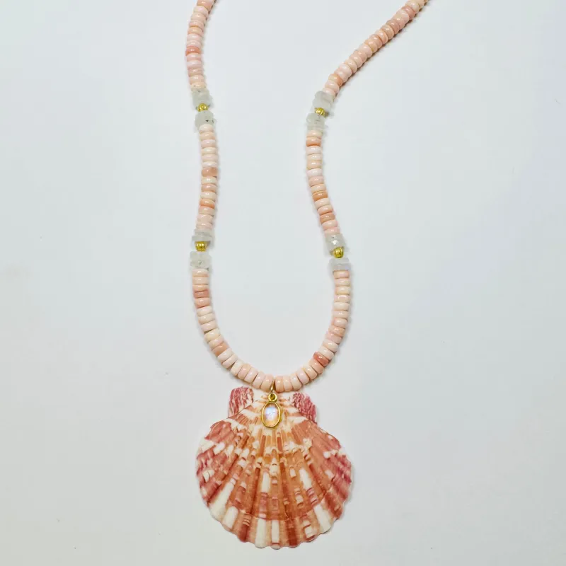 conch and moonstone necklace with shell pendant sold by Theodosia
