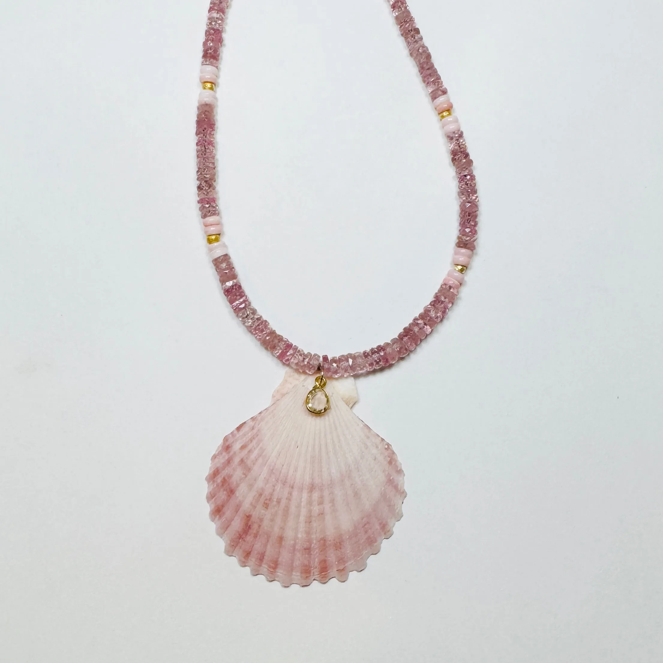 rose tourmaline necklace with shell pendant sold by Theodosia