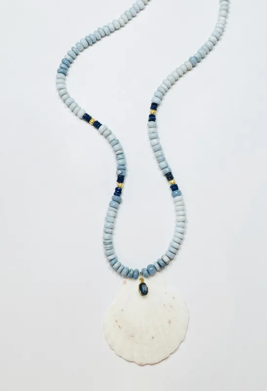 chambray opal and lapis necklace with shell pendant sold by Theodosia