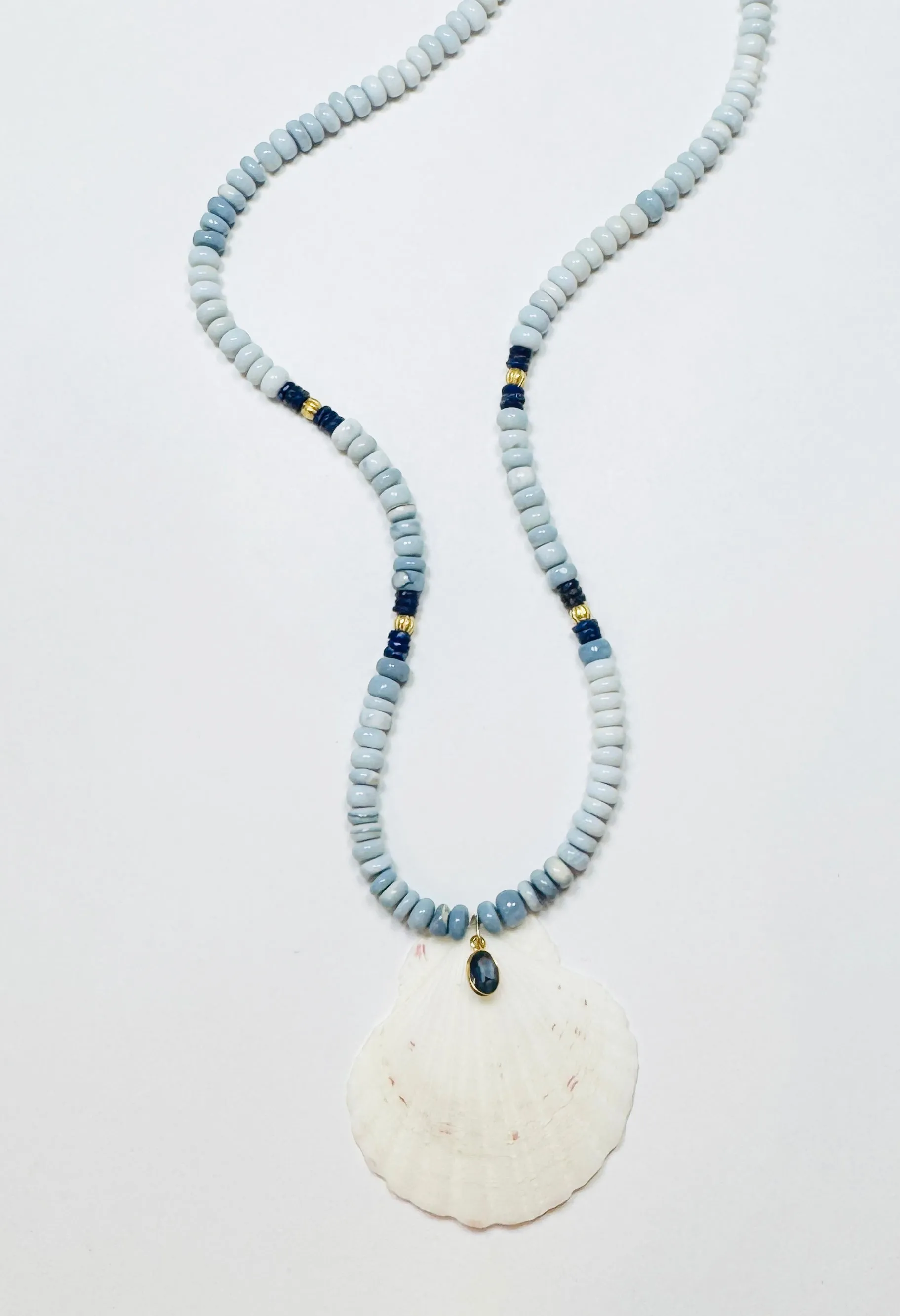 chambray opal and lapis necklace with shell pendant sold by Theodosia