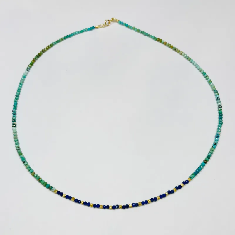 delicate turquoise and lapis necklace with 16 gold nuggets sold by Theodosia