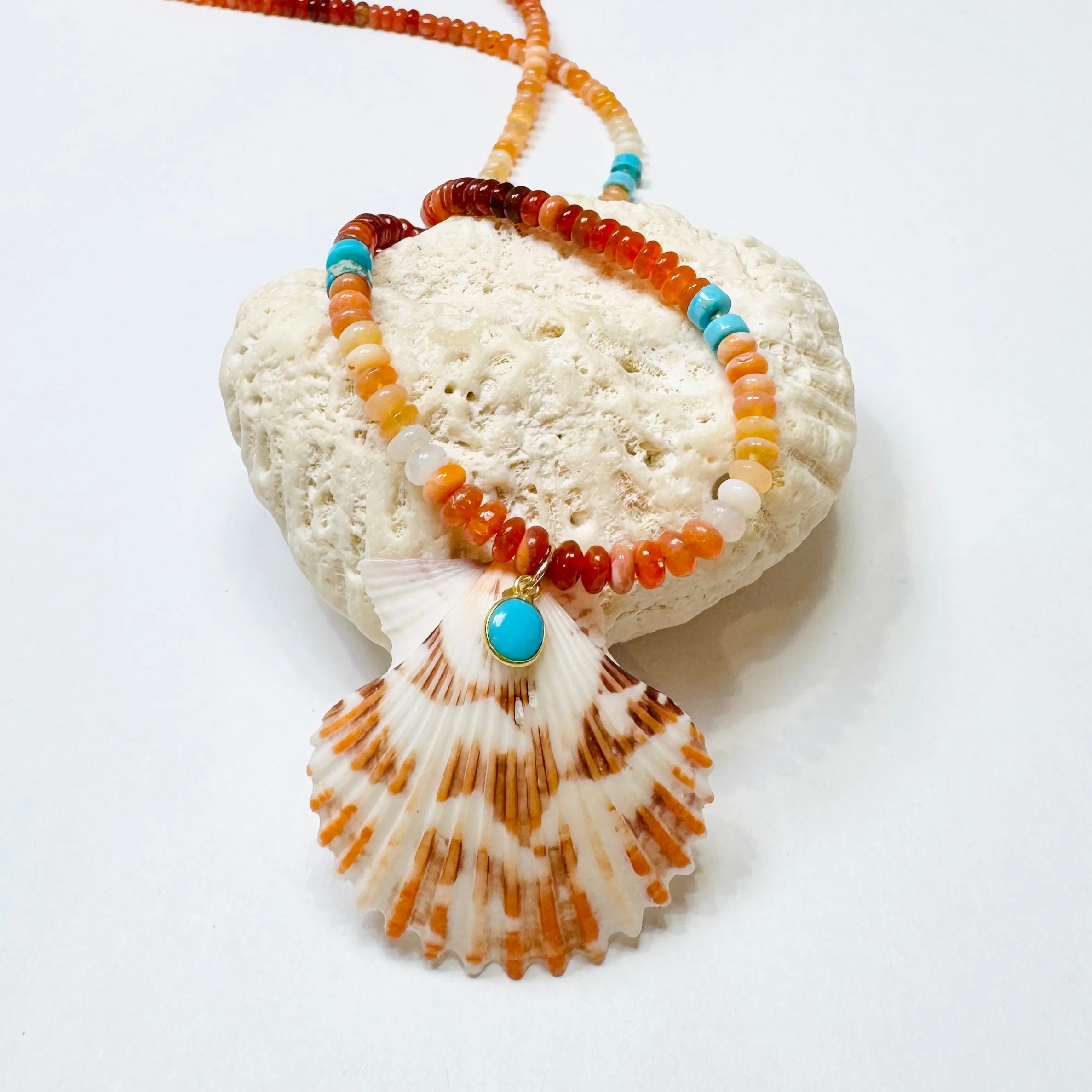 fire opal and turquoise necklace with shell pendant sold by Theodosia