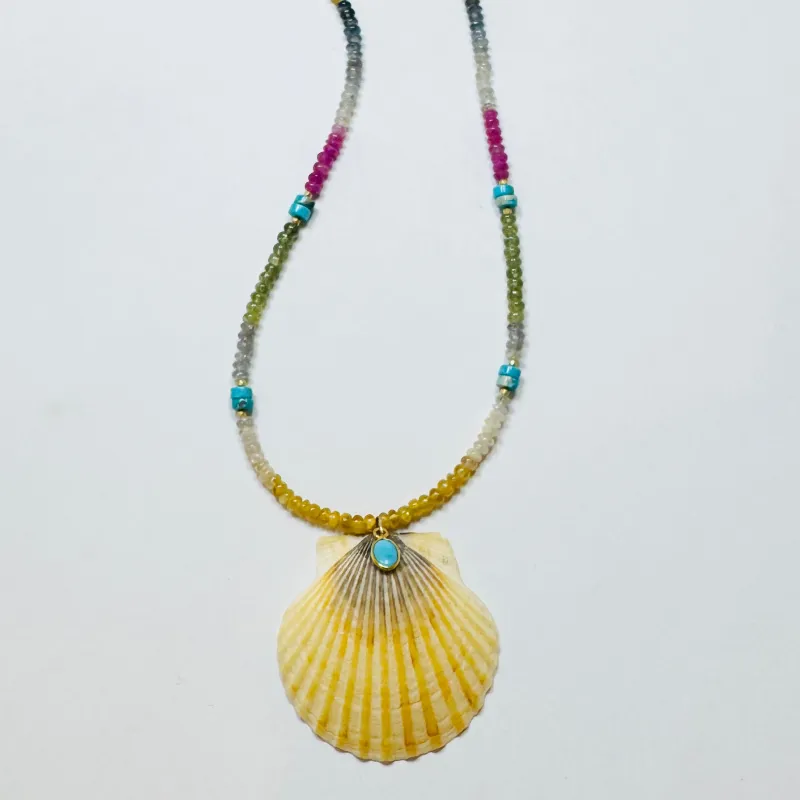 rainbow sapphire and turquoise necklace with shell pendant sold by Theodosia