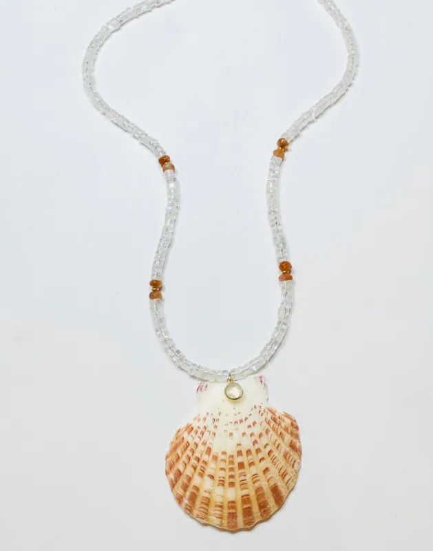 moonstone and sunstone necklace with shell pendant sold by Theodosia