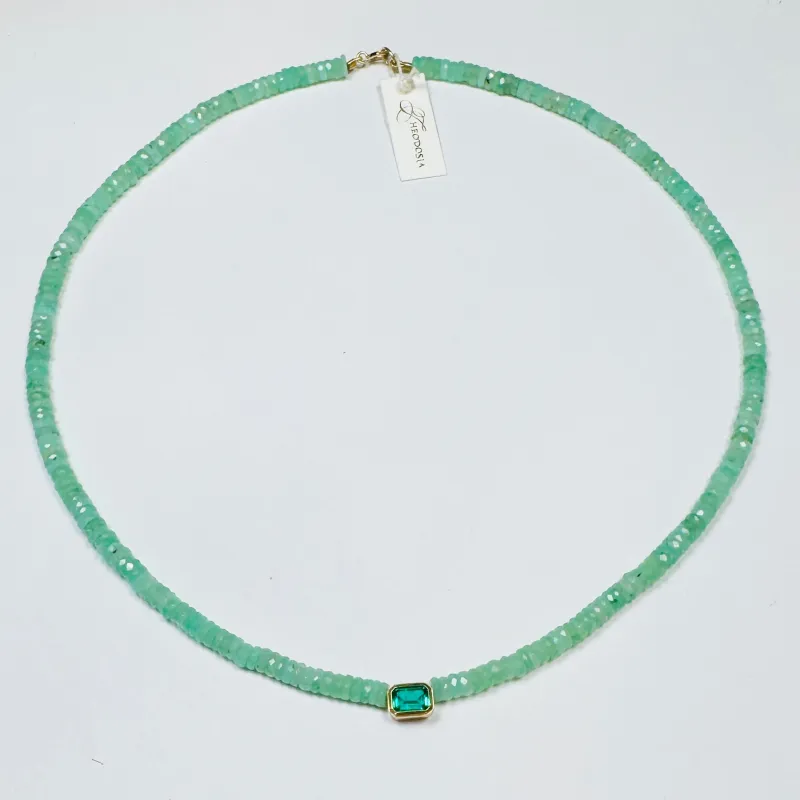 chrysoprase heishi necklace with bezel emerald sold by Theodosia