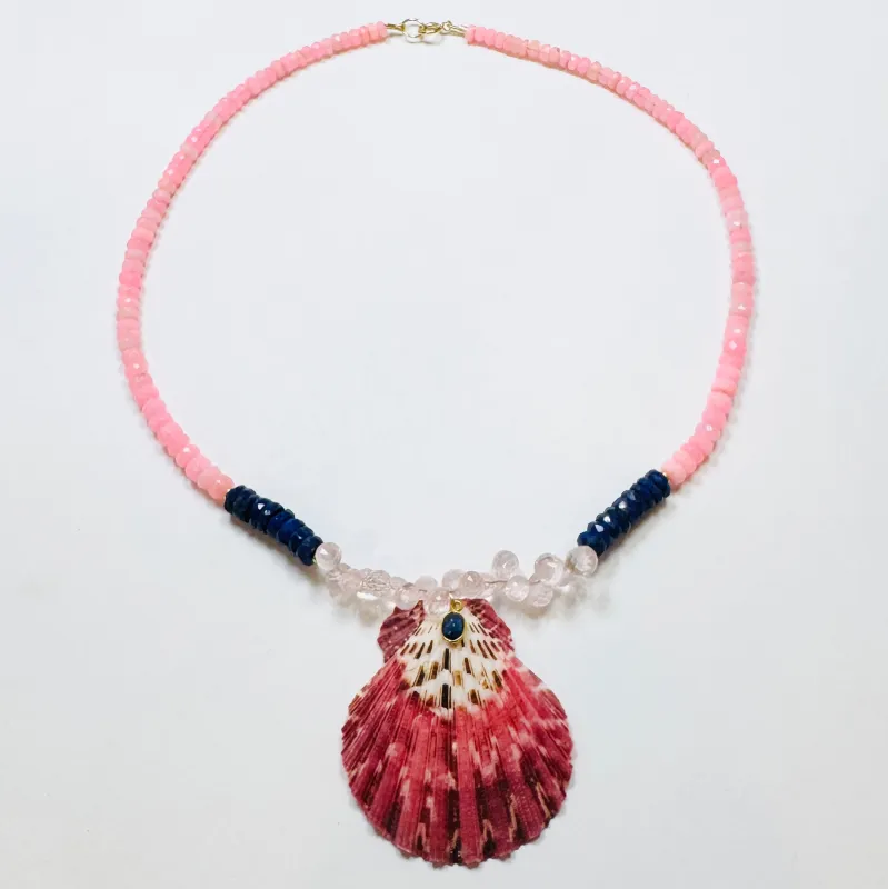 pink ice opal and lapis necklace with shell pendant sold by Theodosia