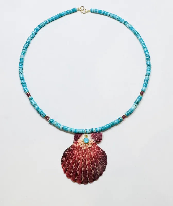 turquoise and strawberry quartz necklace with shell pendant sold by Theodosia