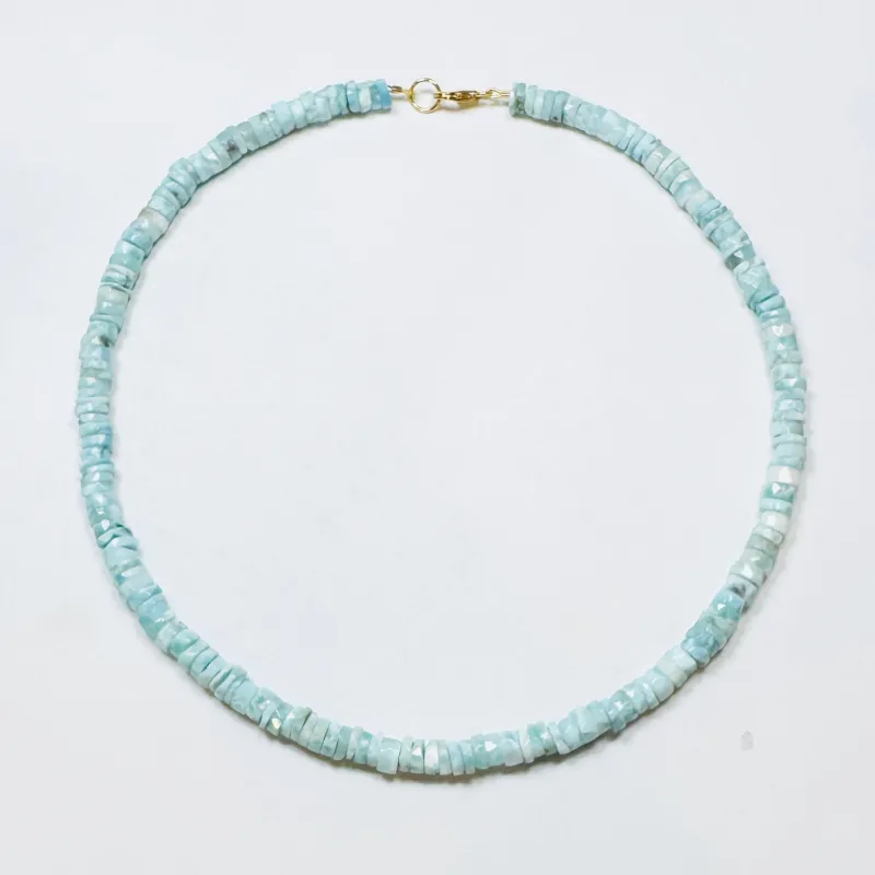 larimar heishi cut candy necklace sold by Theodosia