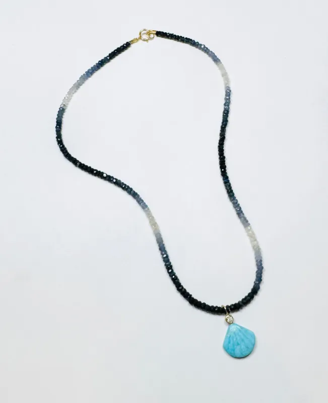 turquoise bezel diamond shell pendant on shaded blue sapphire made by Theodosia