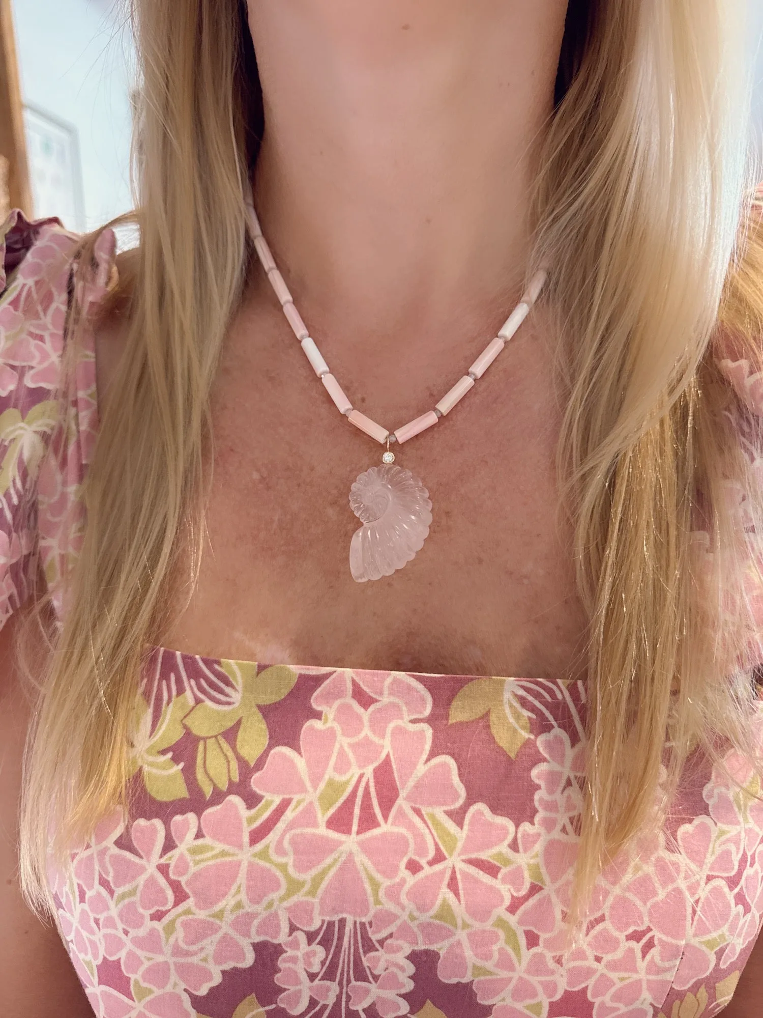 tube conch necklace with rose quartz nautilus pendant sold by Theodosia product image thumbnail 2