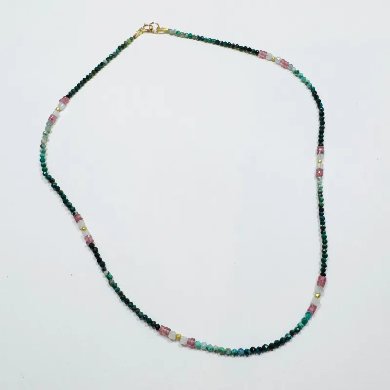 delicate chrysocola necklace with strawberry sapphire and gold nuggets sold by Theodosia