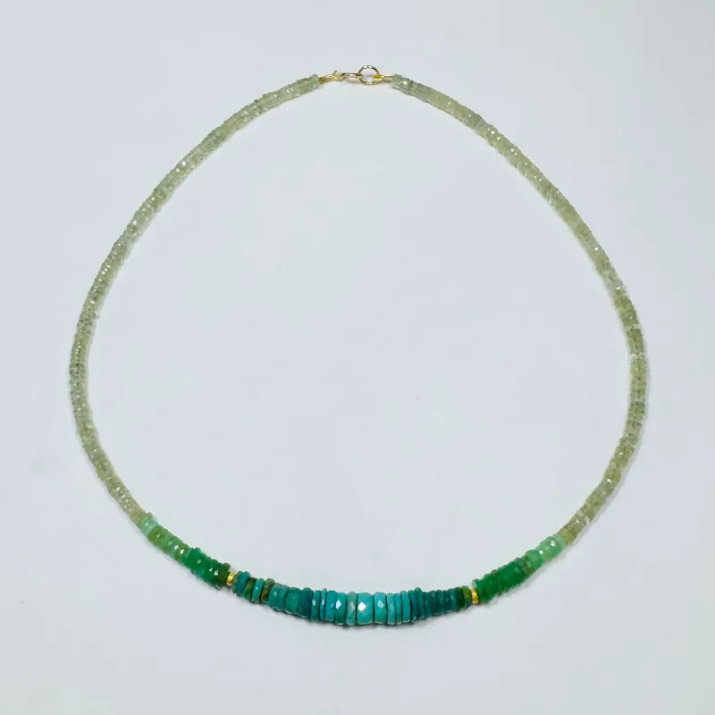 ombré prehnite, chrysoprase, and turquoise heishi necklace sold by Theodosia