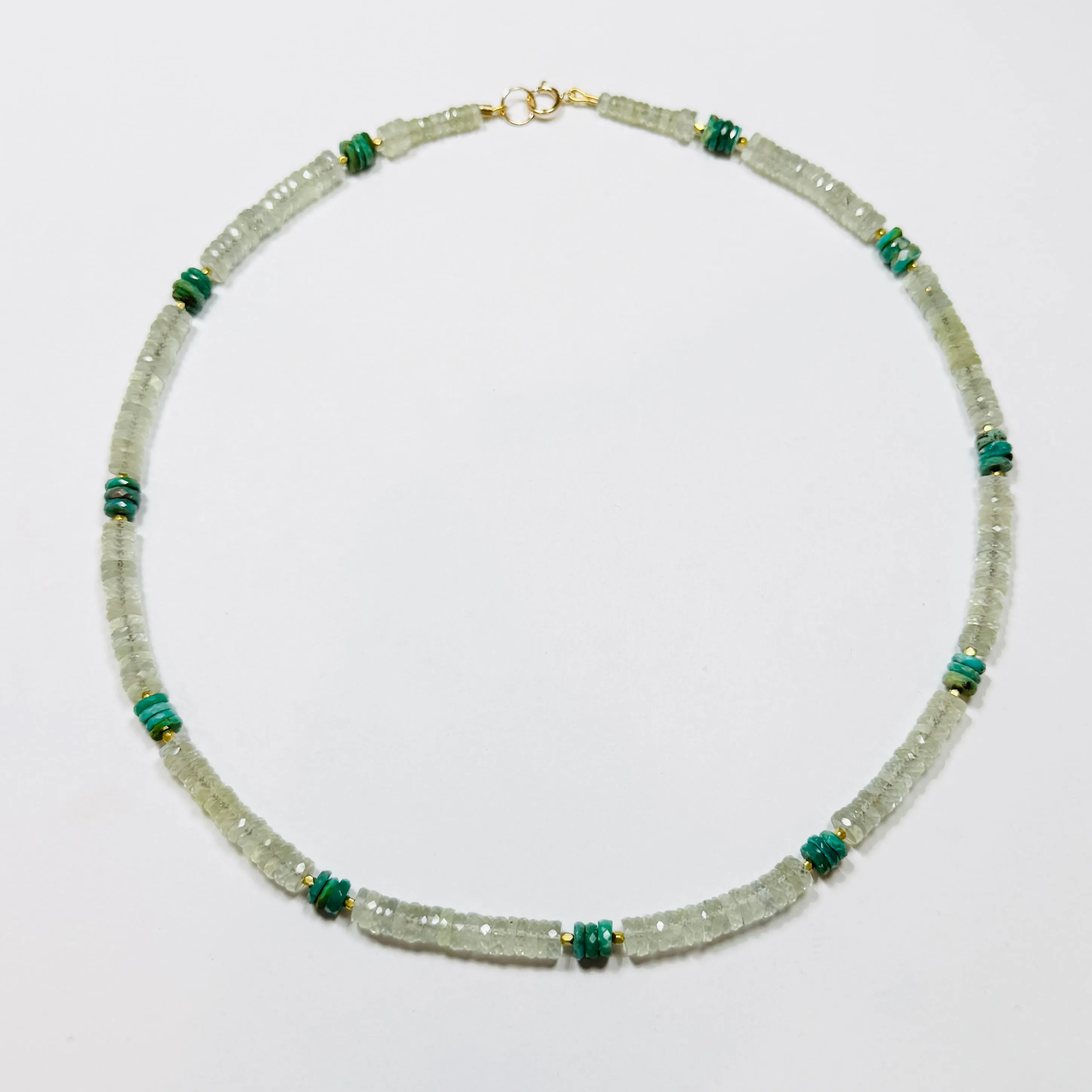 color blocked prehnite and turquoise heishi necklace sold by Theodosia