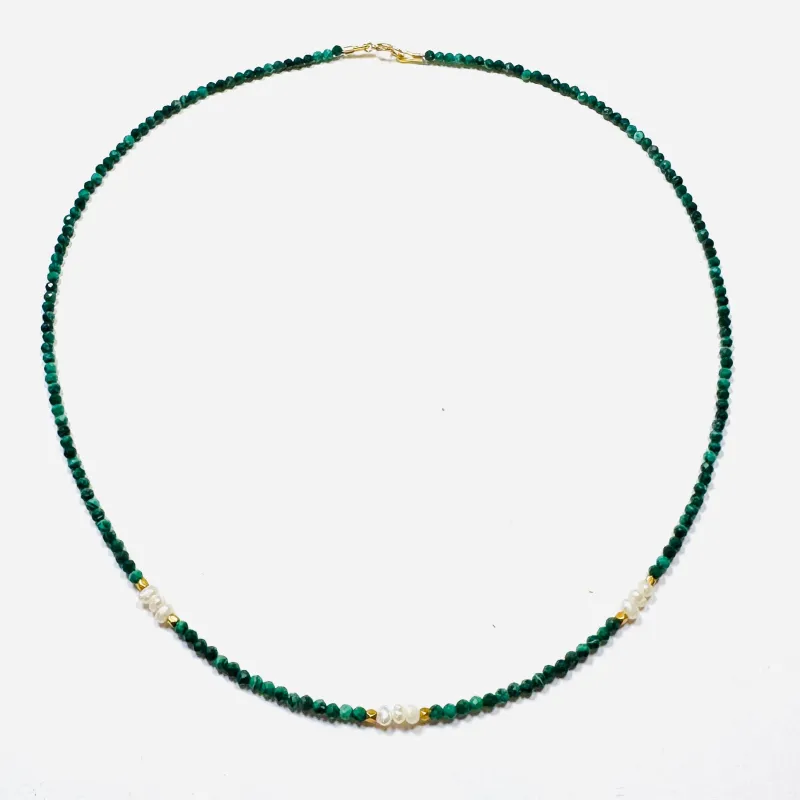 delicate malachite necklace with pearls and gold nuggets sold by Theodosia