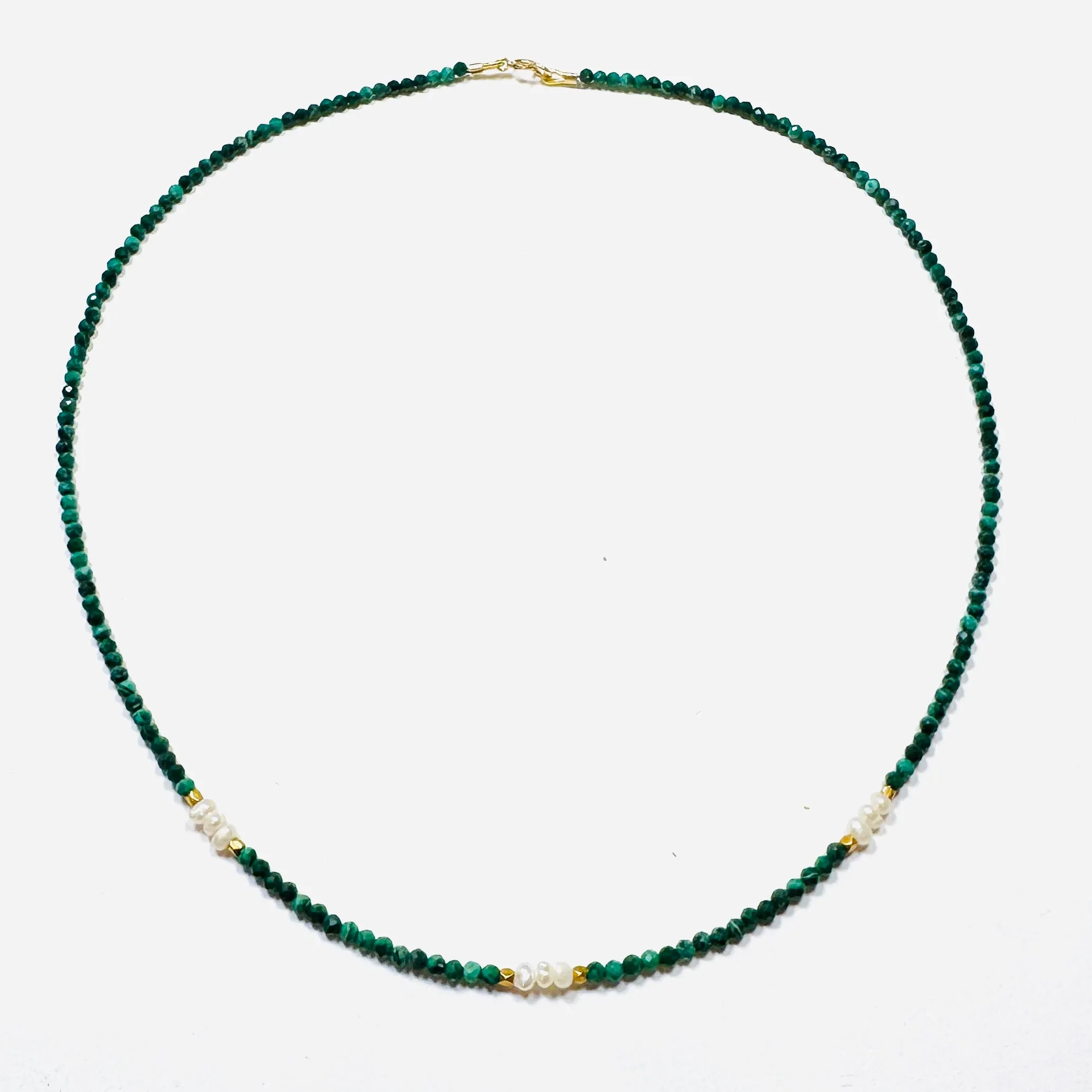 delicate malachite necklace with pearls and gold nuggets sold by Theodosia