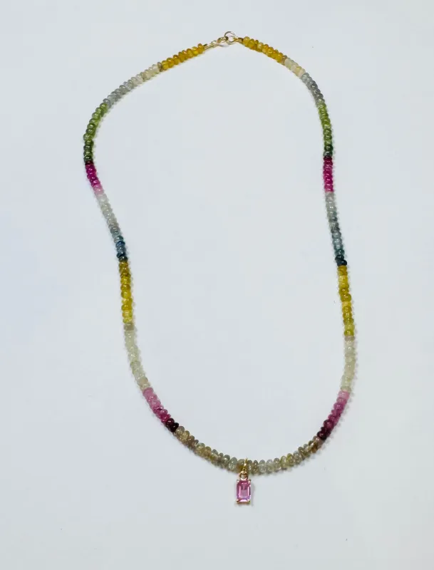 pink sapphire baguette on shaded sapphire heishi necklace sold by Theodosia