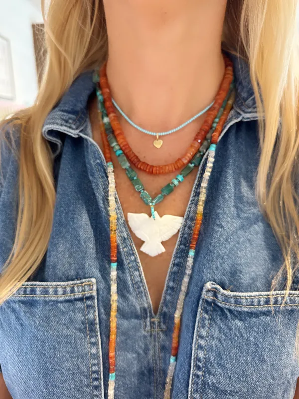fire opal and turquoise long layering necklace sold by Theodosia