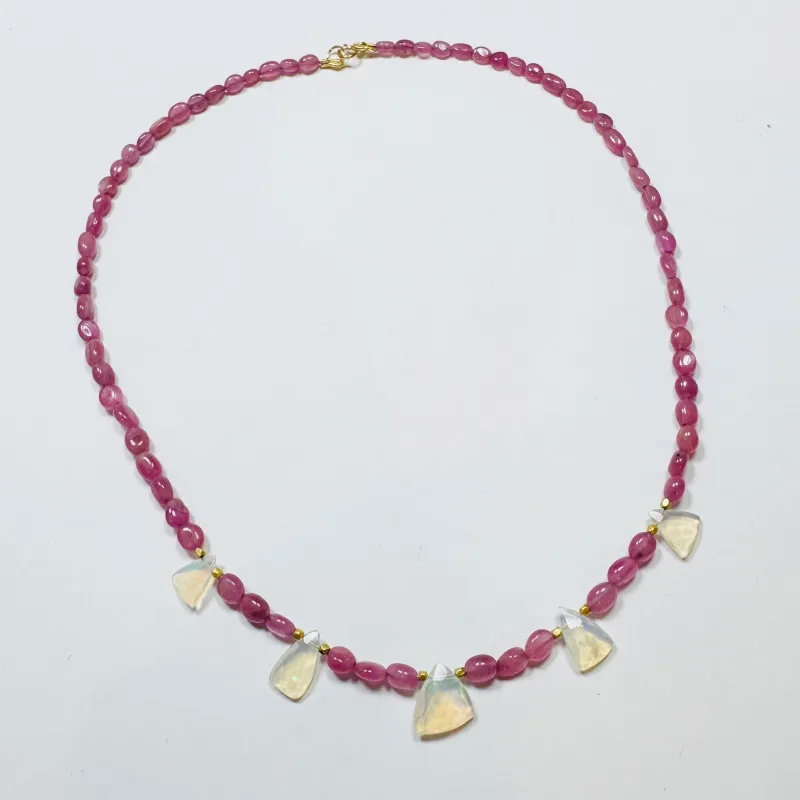 seed bead pink sapphire with opal slices made by Theodosia
