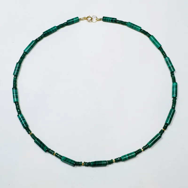 tube malachite and aventurine necklace with gold nuggets sold by Theodosia