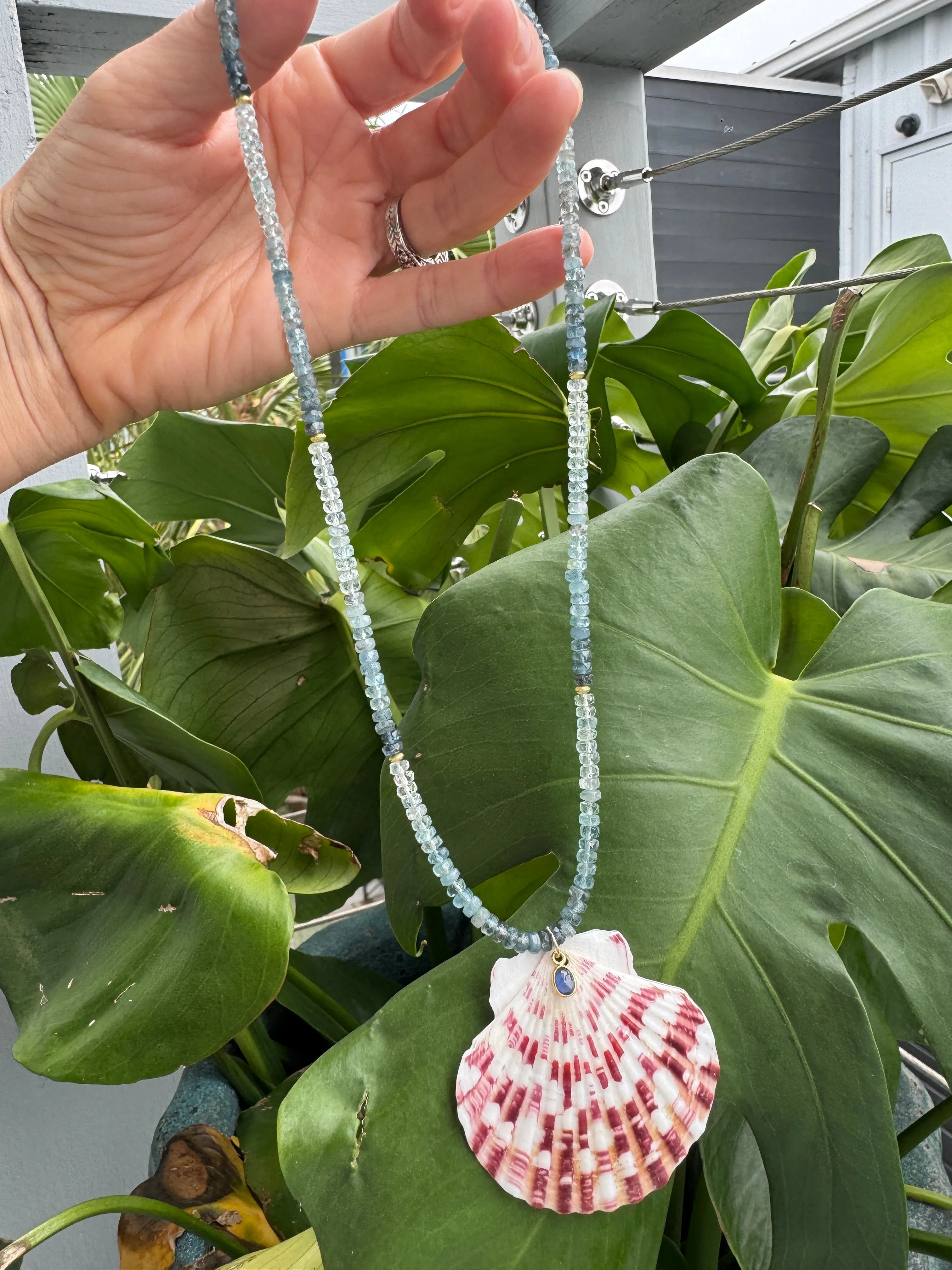 Reserved aquamarine necklace with shell pendant sold by Theodosia