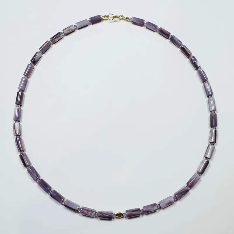 tube wampum necklace with diamond bead made by Theodosia
