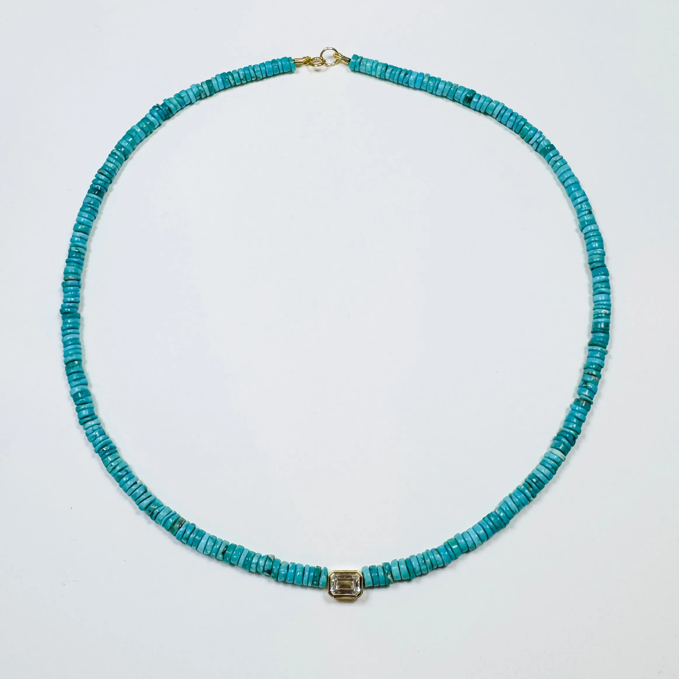 turquoise necklace with emerald cut bezel set diamond sold by Theodosia