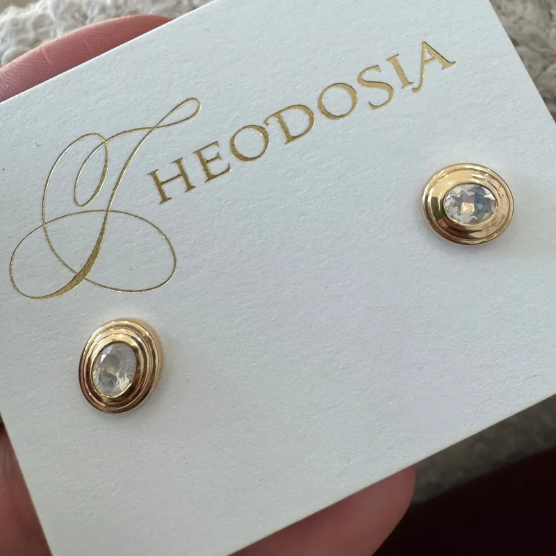 rainbow moonstone stepped bezel studs made by Theodosia