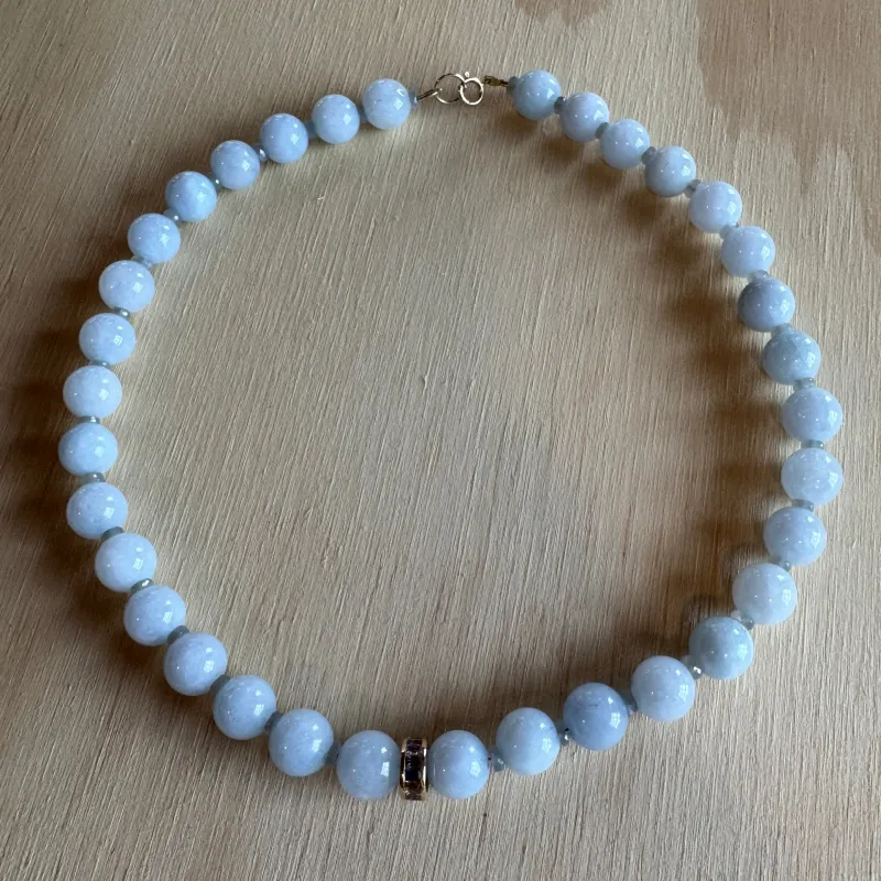 gumball aquamarine necklace with sapphire barrel bead made by Theodosia