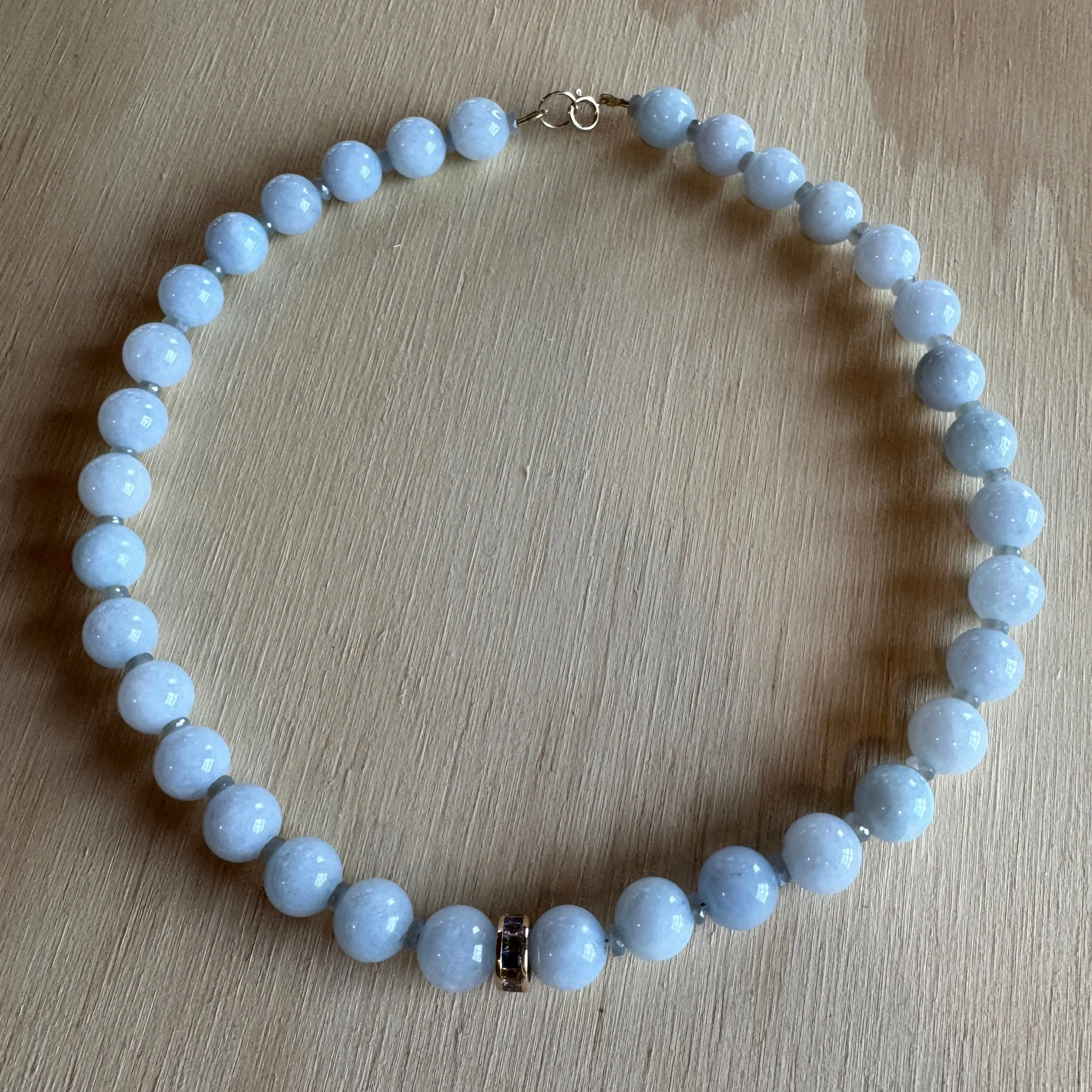 gumball aquamarine necklace with sapphire barrel bead sold by Theodosia