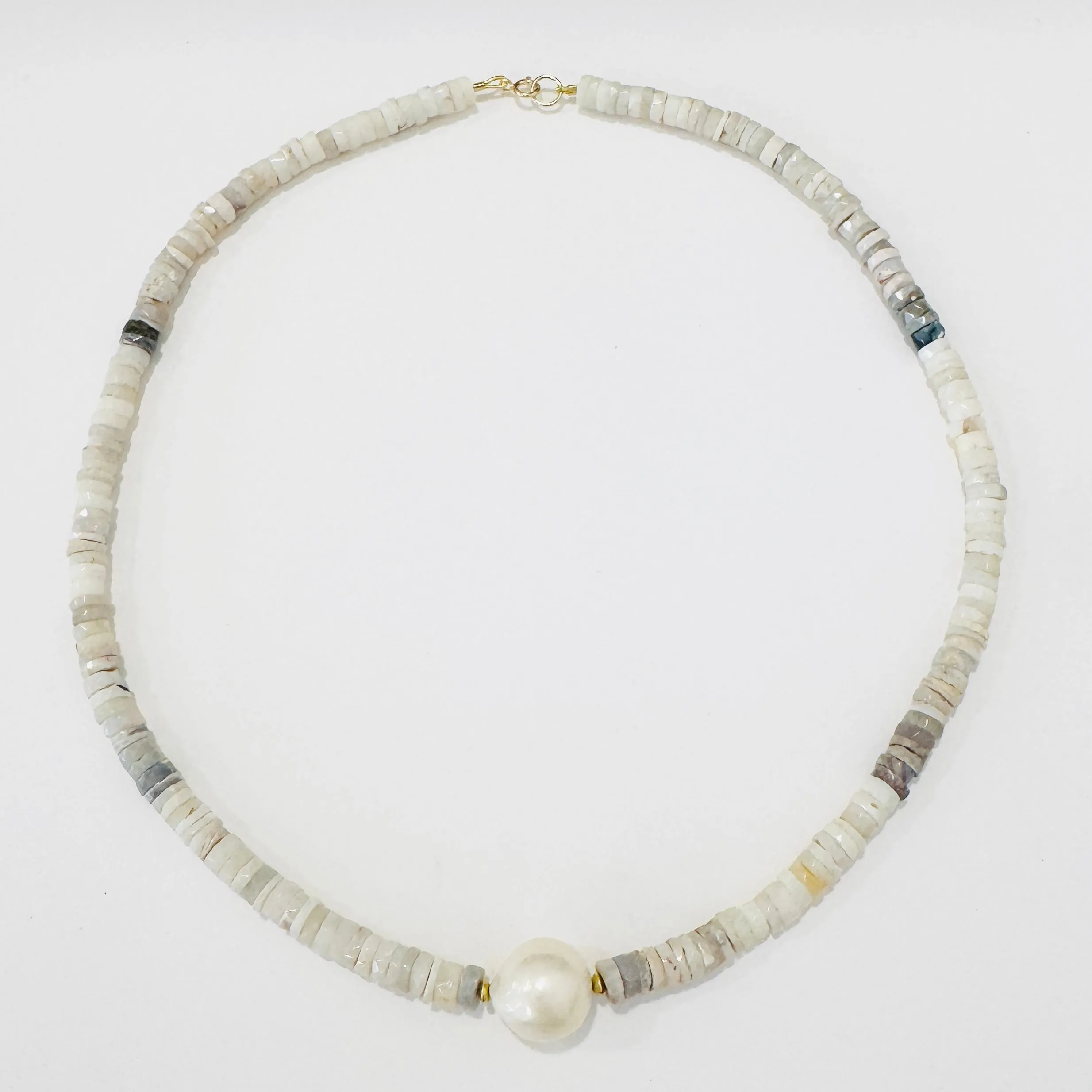 pearl in heishi cut Australian opal candy necklace, faceted sold by Theodosia