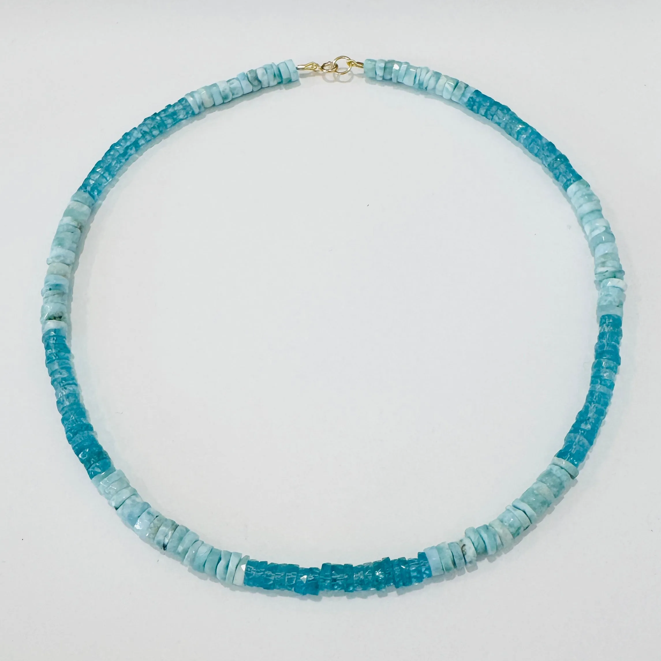color blocked apatite and larimar heishi necklace sold by Theodosia