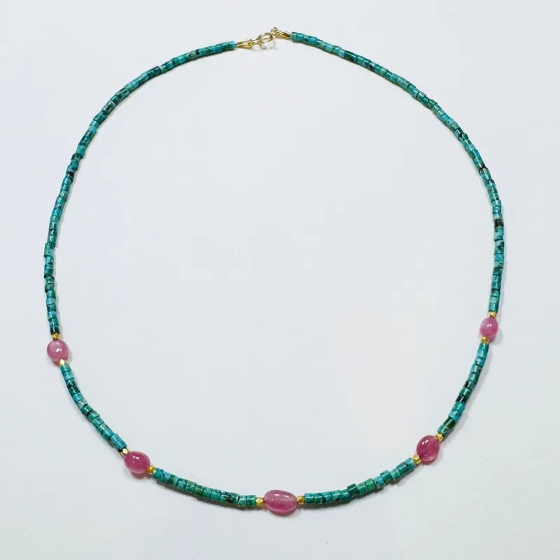delicate with tube turquoise, pink sapphire, and gold beads sold by Theodosia