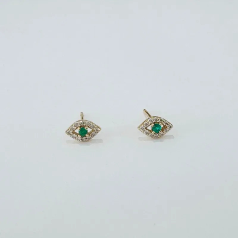 emerald and diamond evil eye studs made by Theodosia