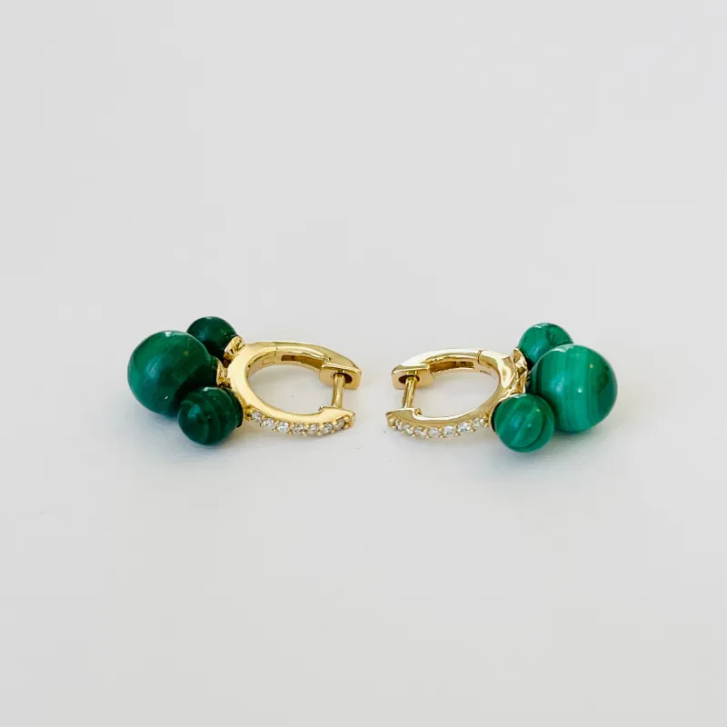 gold diamond and malachite huggies sold by Theodosia