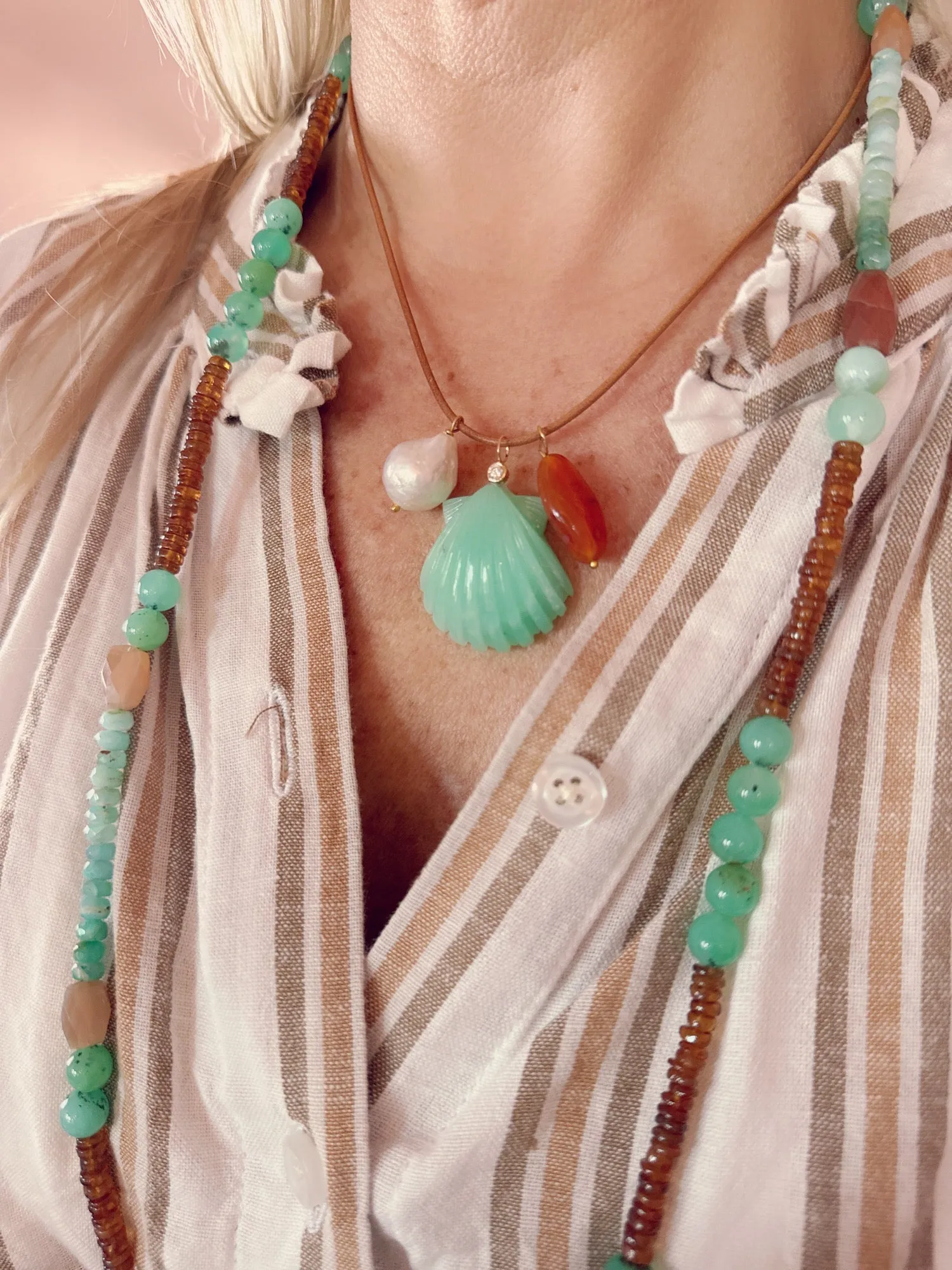 Leather cord charm necklace,chrysoprase shell with diamond bezel sold by Theodosia product image thumbnail 2