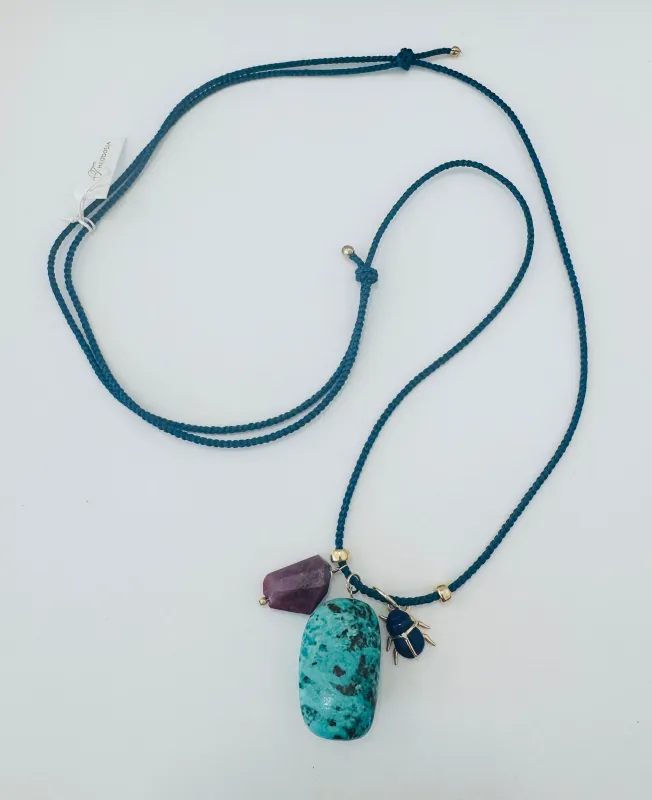 Kumihimo silk cord charm necklace, brown with chrysoprase, turquoise, and lettered olive made by Theodosia
