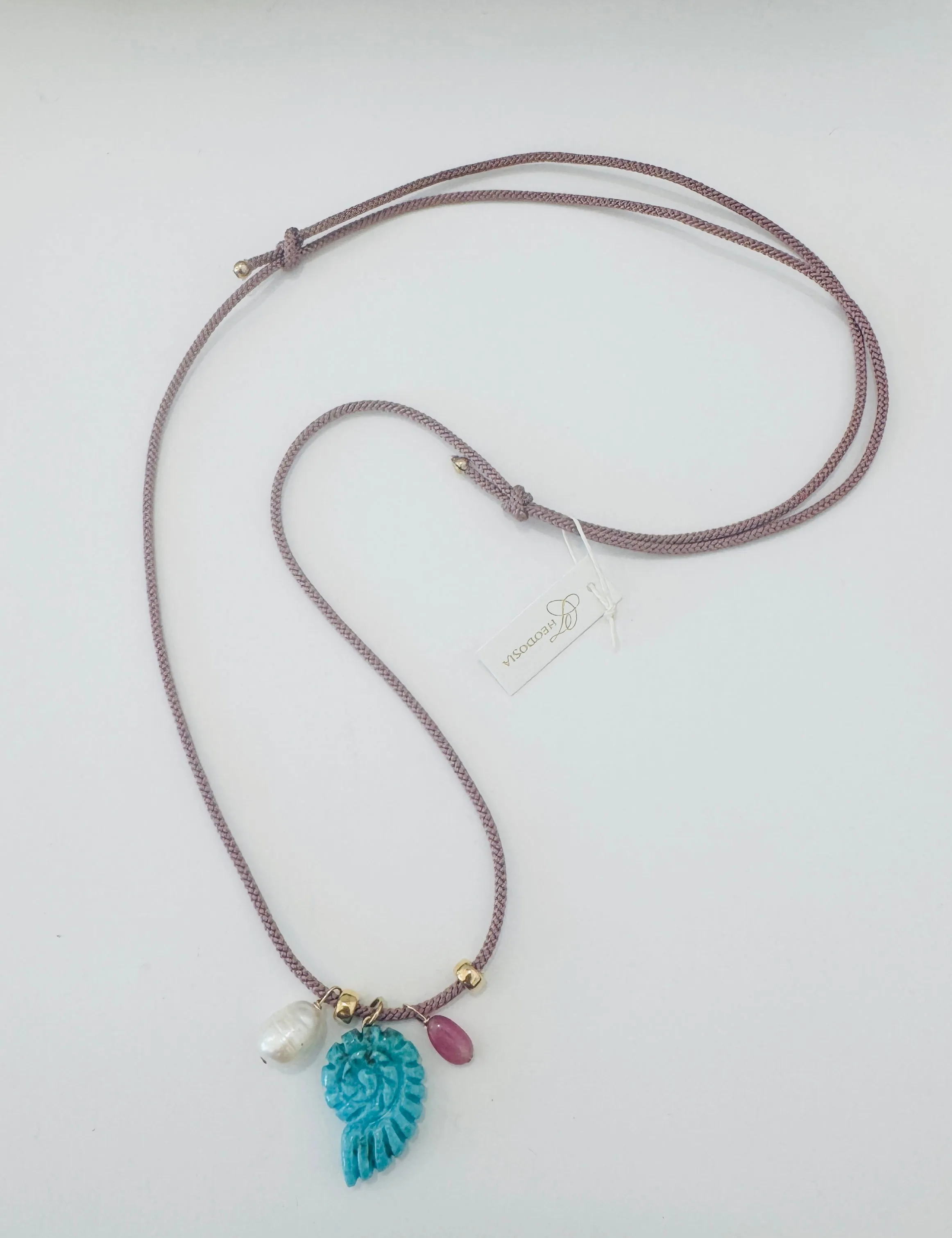Kumihimo silk cord charm necklace, purple with turquoise nautilus sold by Theodosia