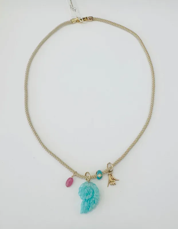 Kumihimo silk cord charm necklace, tan with amazonite nautilus made by Theodosia