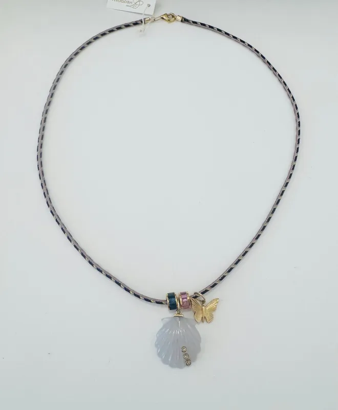 Kumihimo silk cord charm necklace, tan with nautilus, butterfly, and turquoise barrel made by Theodosia