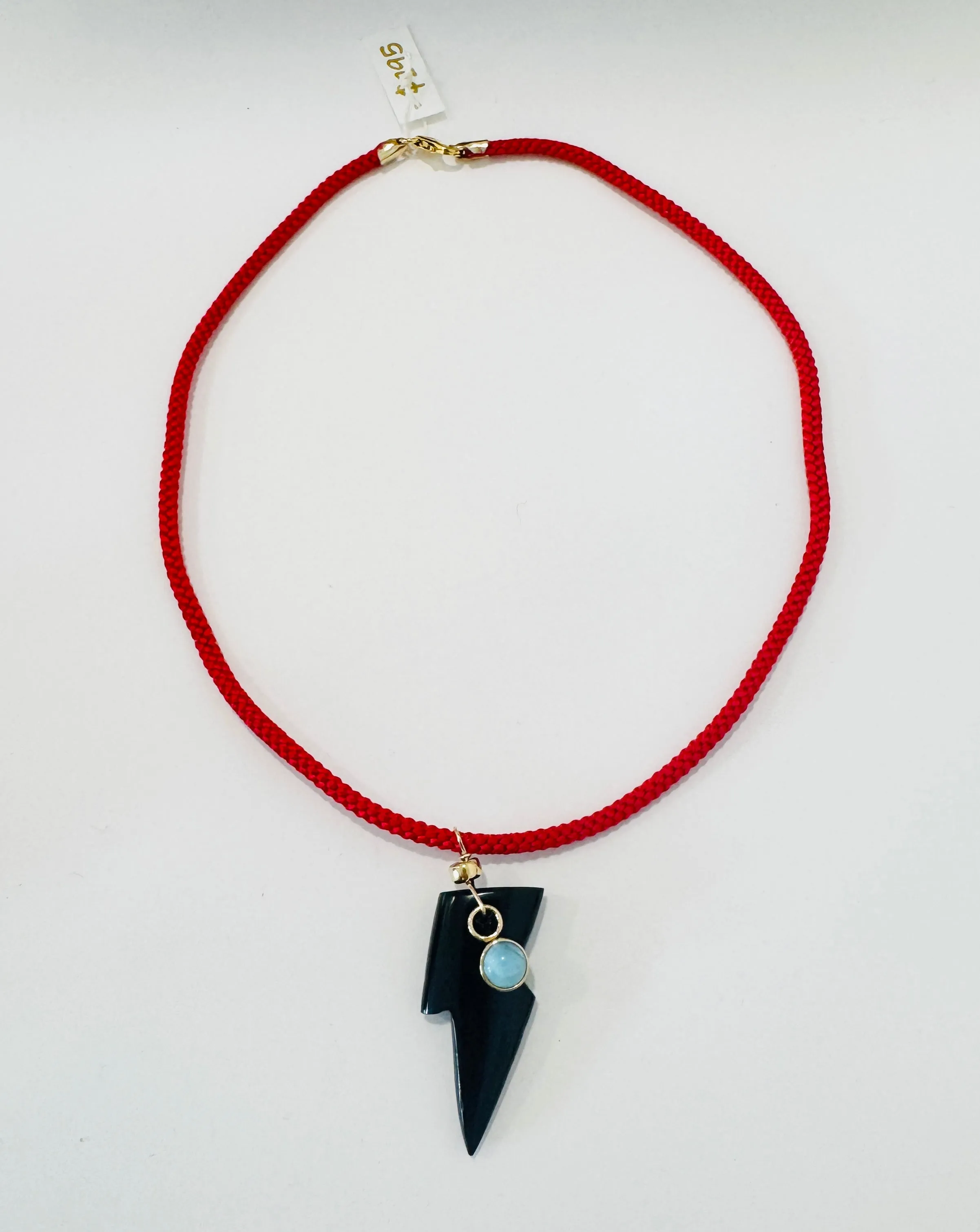 Kumihimo silk cord charm necklace, red with onyx lighting bolt and 14 kt gold turquoise charm sold by Theodosia