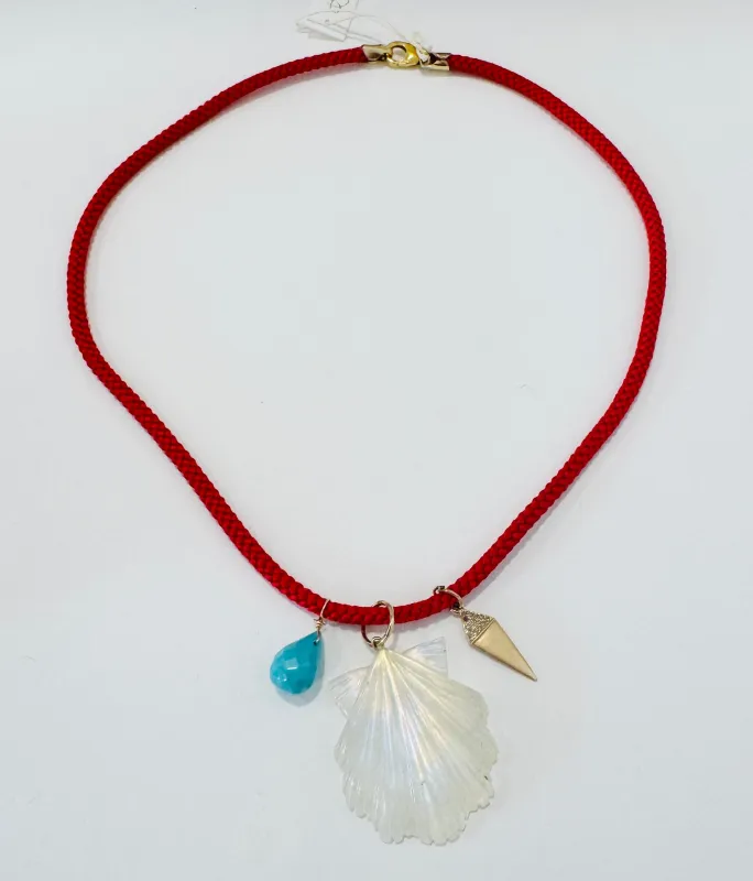 Kumihimo silk cord charm necklace, red with turquoise, moonstone carved shell, and 14 kt gold charm made by Theodosia