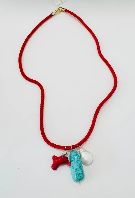 Kumihimo silk cord charm necklace, red with turquoise, pearl, and coral made by Theodosia