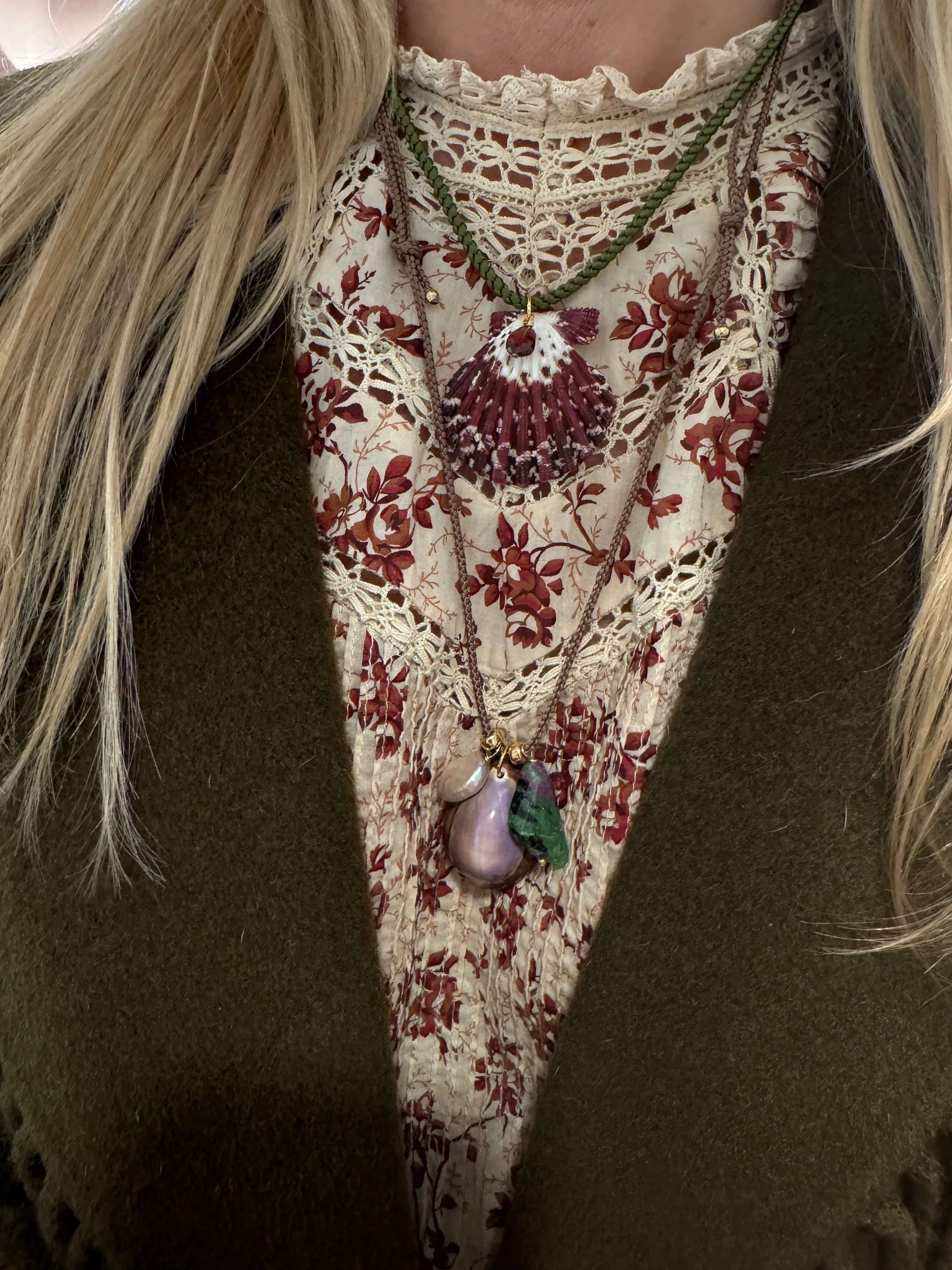 Kumihimo silk cord charm necklace, green with shell sold by Theodosia product image thumbnail 2