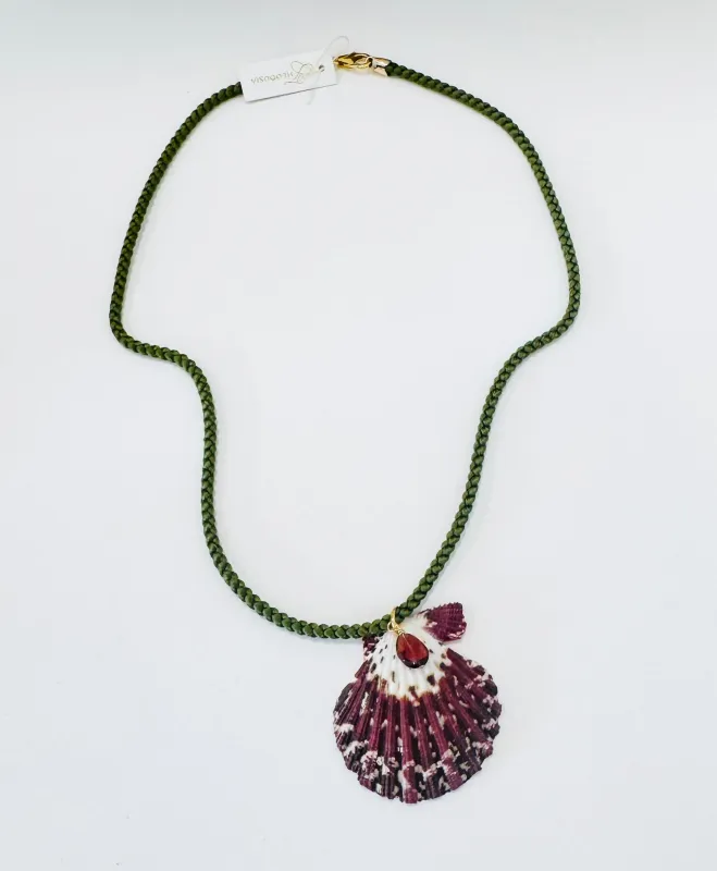 Kumihimo silk cord charm necklace, green with shell made by Theodosia